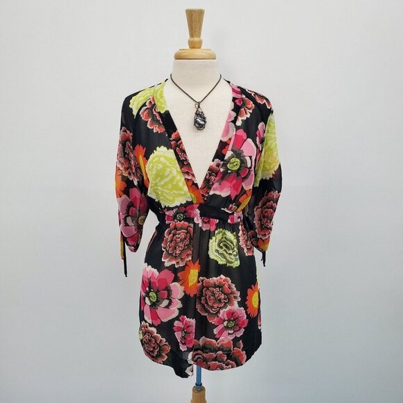 CAbi Tops - CAbi Womens Floral Chiffon Deep V-Neck Tunic Top Blouse Size M Tie Sleeves Sheer